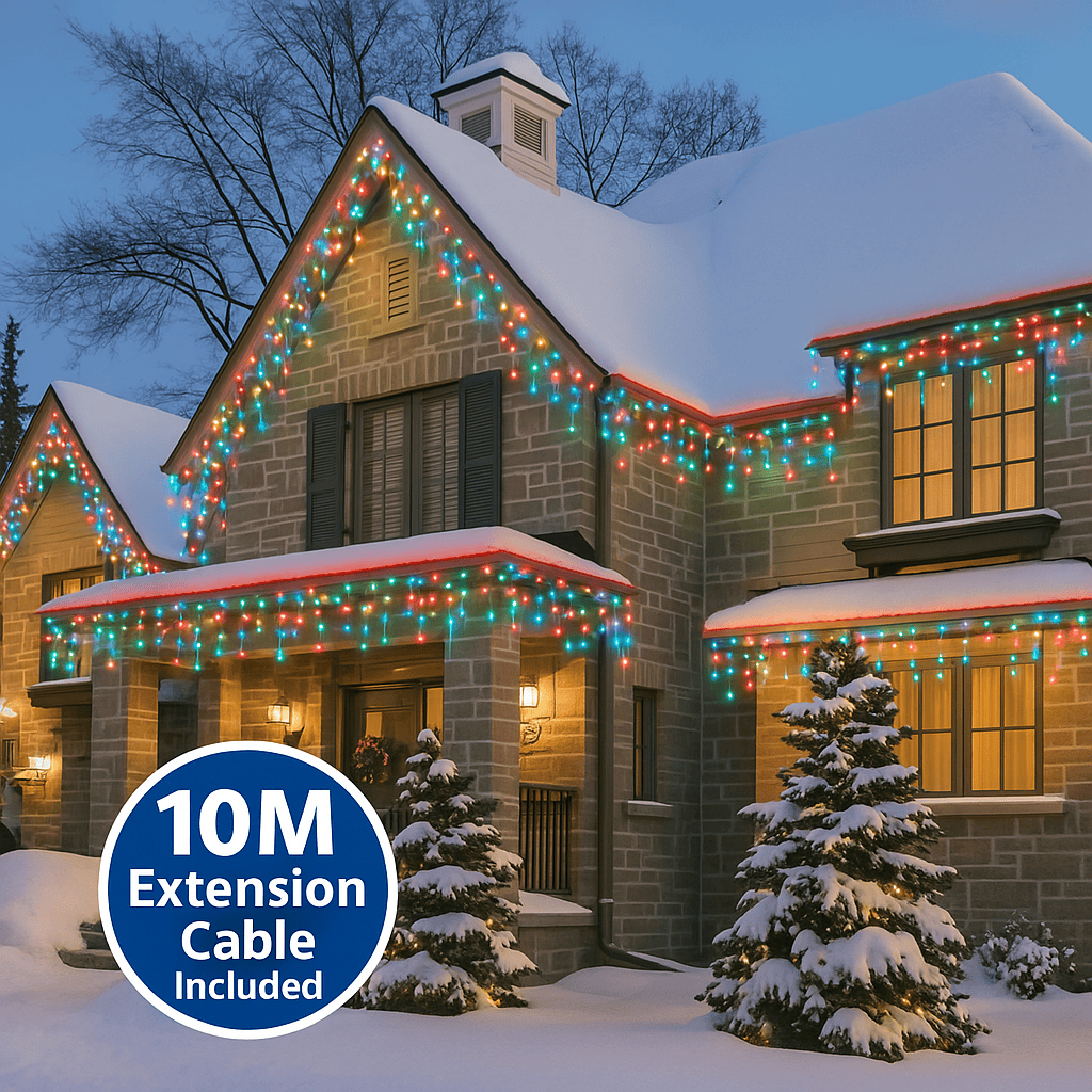 Moduro.co.uk LED Lighting Multi-Coloured / Battery Box / 2.5m Premium Waterproof Icicle Christmas Lights – Connectable Outdoor LED Lights for Roof & Gutters (8 Modes, Timer, 10m Cable)