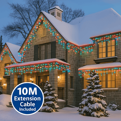 Moduro.co.uk LED Lighting Multi-Coloured / Battery Box / 2.5m Premium Waterproof Icicle Christmas Lights – Connectable Outdoor LED Lights for Roof & Gutters (8 Modes, Timer, 10m Cable)