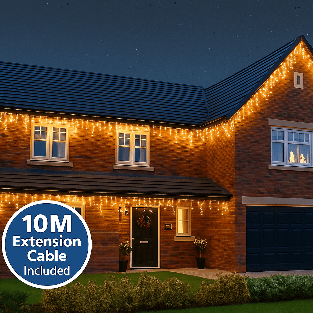 Moduro.co.uk LED Lighting Warm White / Battery Box / 2.5m Premium Waterproof Icicle Christmas Lights – Connectable Outdoor LED Lights for Roof & Gutters (8 Modes, Timer, 10m Cable)