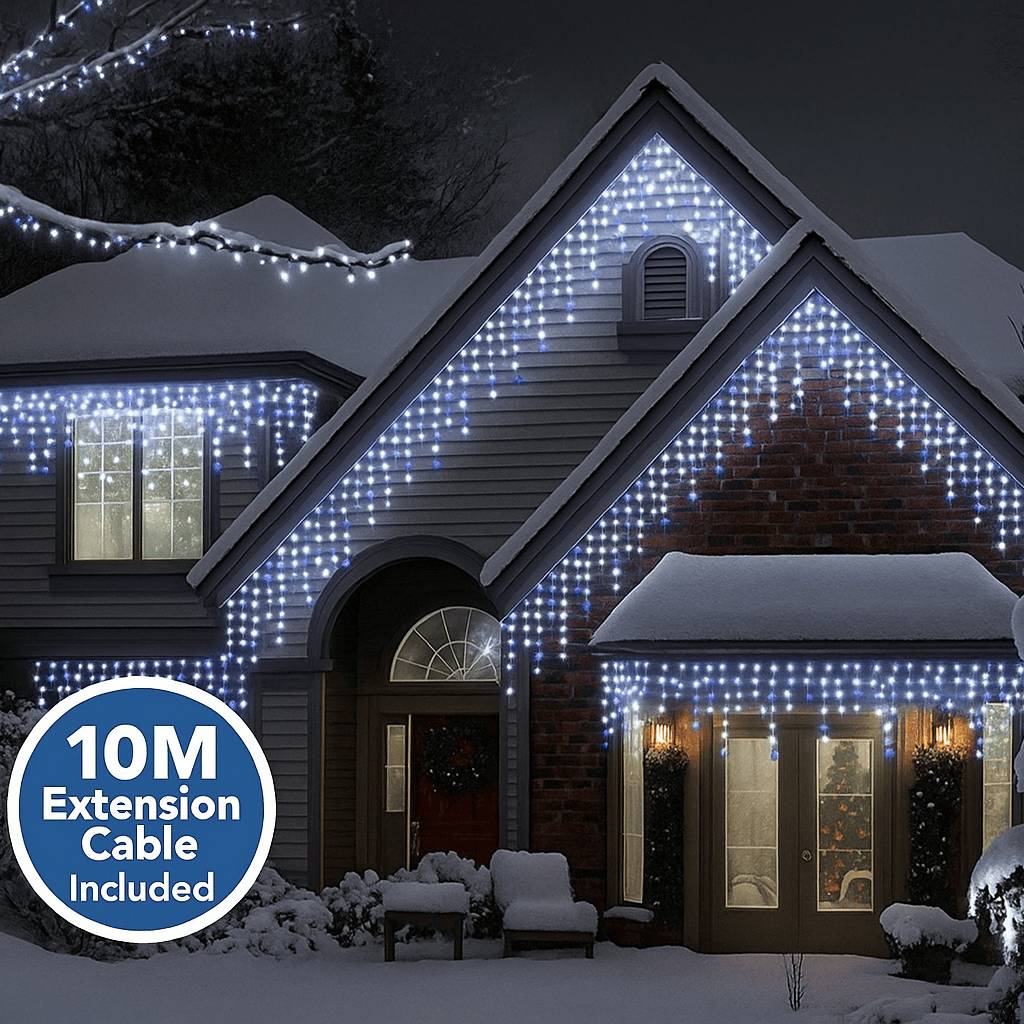 Moduro.co.uk LED Lighting Blue & Bright White / Battery Box / 2.5m Premium Waterproof Icicle Christmas Lights – Connectable Outdoor LED Lights for Roof & Gutters (8 Modes, Timer, 10m Cable)