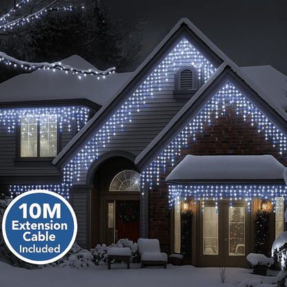 Moduro.co.uk LED Lighting Blue & Bright White / Battery Box / 2.5m Premium Waterproof Icicle Christmas Lights – Connectable Outdoor LED Lights for Roof & Gutters (8 Modes, Timer, 10m Cable)