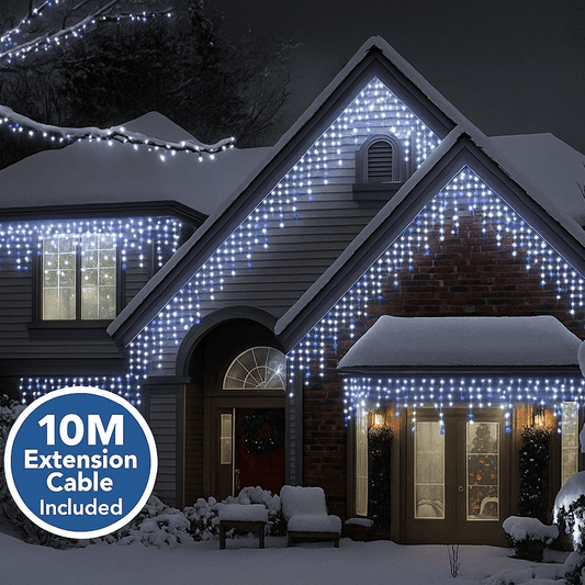Moduro.co.uk LED Lighting Blue & Bright White / Battery Box / 2.5m Premium Waterproof Icicle Christmas Lights – Connectable Outdoor LED Lights for Roof & Gutters (8 Modes, Timer, 10m Cable)