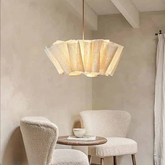 Moduro.co.uk Chandelier 40cm / Warm Light Vintage Chandelier – Nordic Handmade Fabric Pendant Light – Beige Shade – E27 – Adjustable